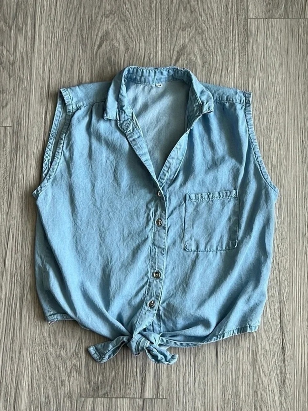 Sleeveless Light Blue Tie-Front Chambray Top